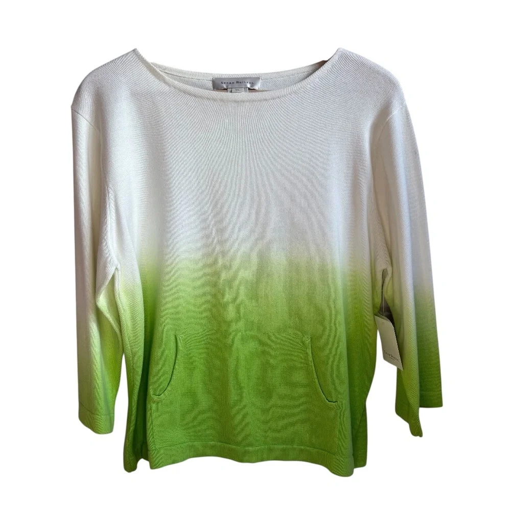 NWT Susan Bristol Ombre Green White Knit Sweater Top Women's Sz XL Preppy Casual